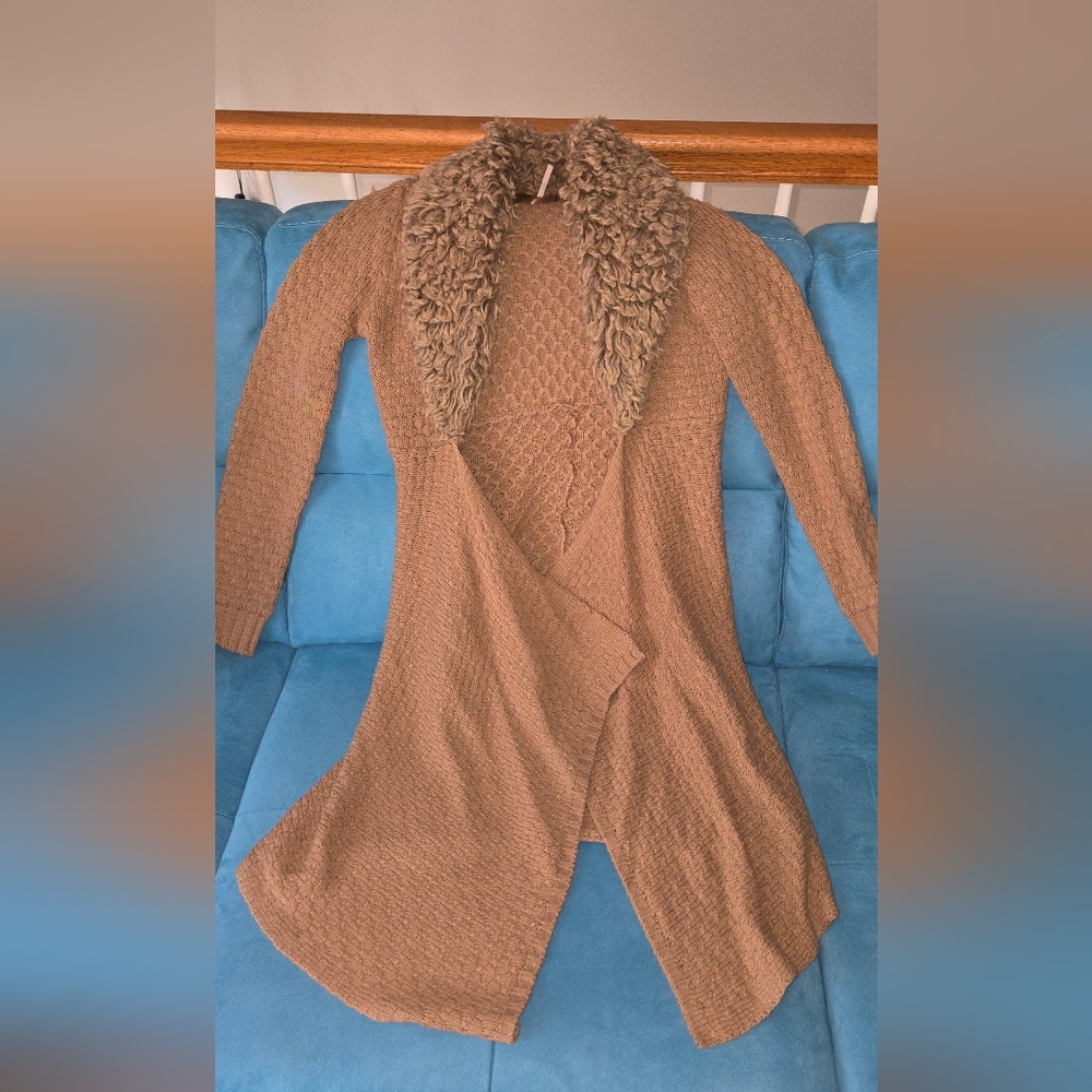 Poof! Tan Long Cardigan with Faux Fur Collar